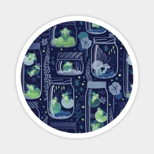 Glowing in the moss // pattern // blue background jars with lightning fireflies bugs quirky whimsical and bioluminescence lampyridae beetles Magnet